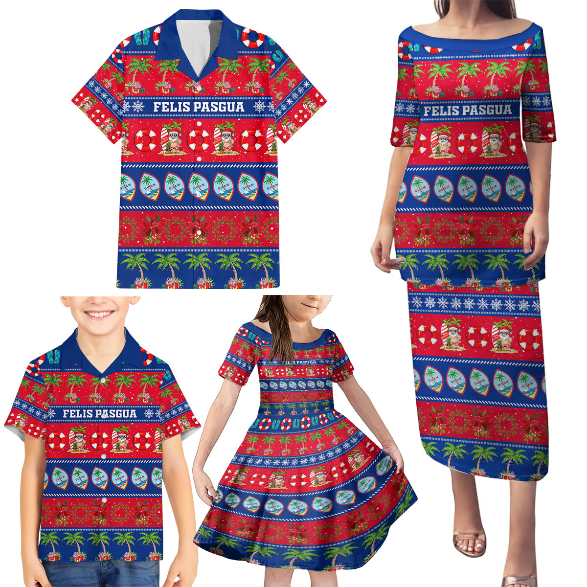 Personalised Guam Christmas Family Matching Puletasi Dress and Hawaiian Shirt Felis Pasgua - Wonder Print Shop