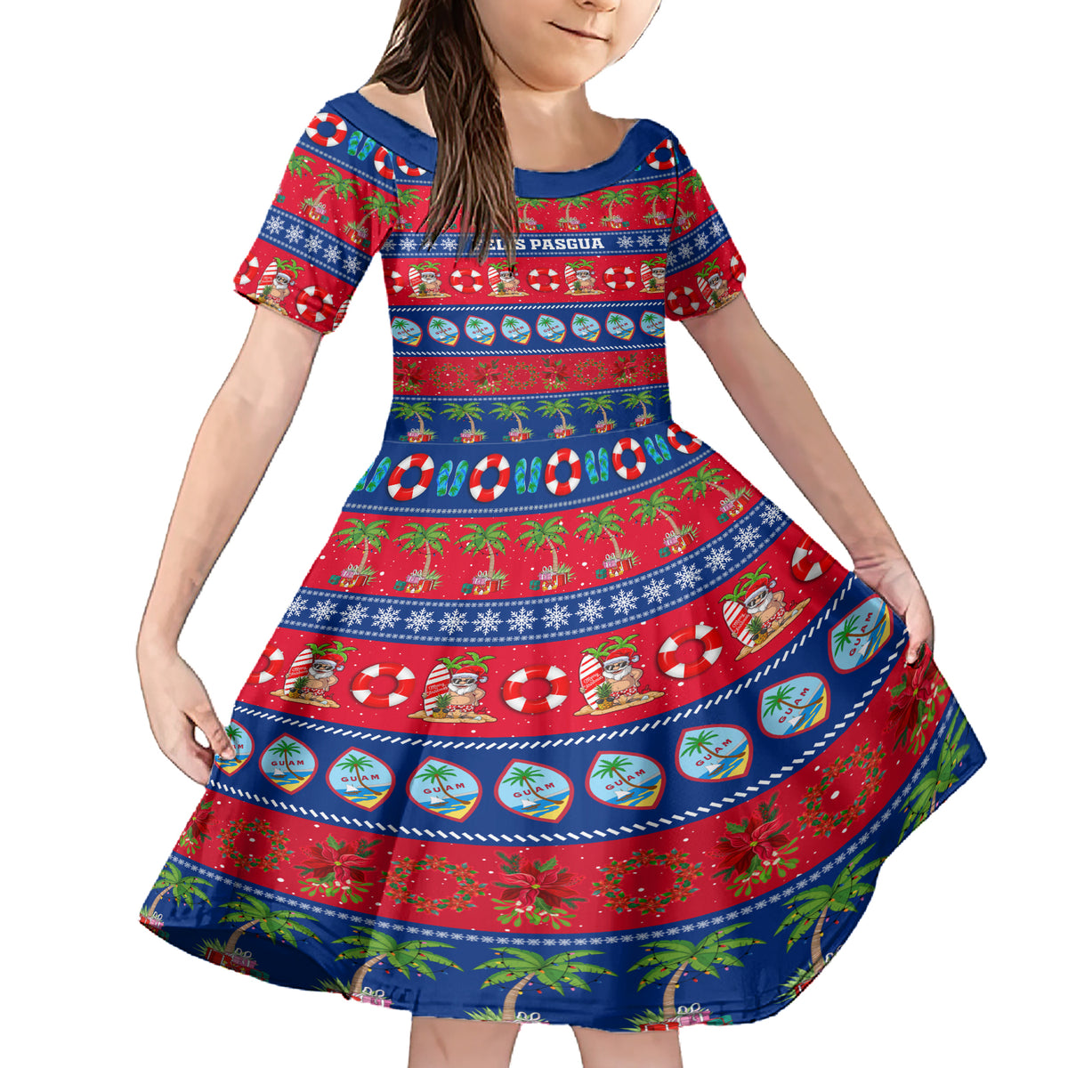 Personalised Guam Christmas Family Matching Short Sleeve Bodycon Dress and Hawaiian Shirt Felis Pasgua - Wonder Print Shop