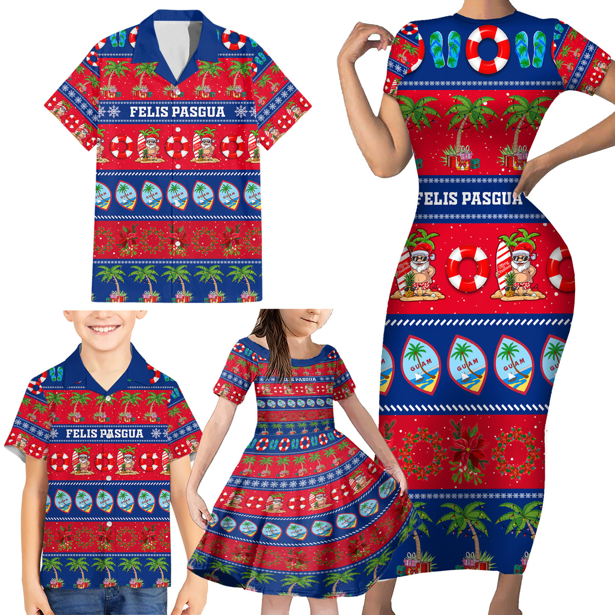 Personalised Guam Christmas Family Matching Short Sleeve Bodycon Dress and Hawaiian Shirt Felis Pasgua - Wonder Print Shop