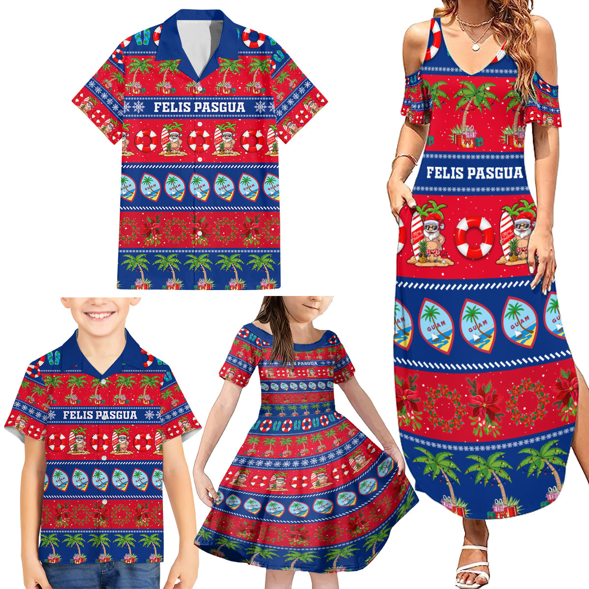 Personalised Guam Christmas Family Matching Summer Maxi Dress and Hawaiian Shirt Felis Pasgua - Wonder Print Shop