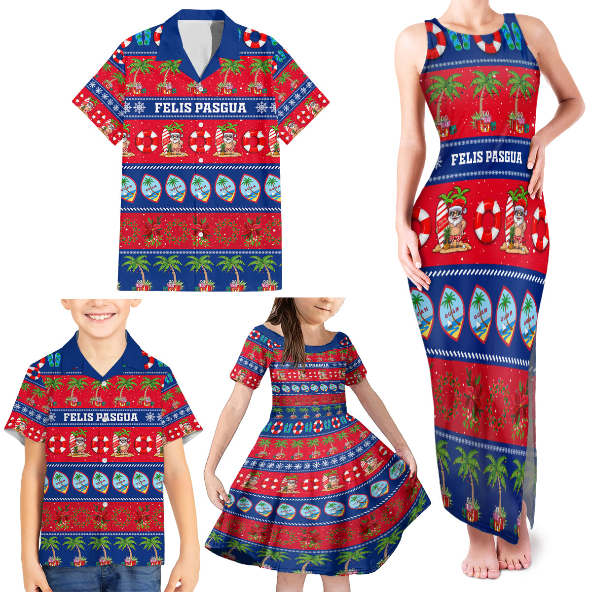 Personalised Guam Christmas Family Matching Tank Maxi Dress and Hawaiian Shirt Felis Pasgua - Wonder Print Shop