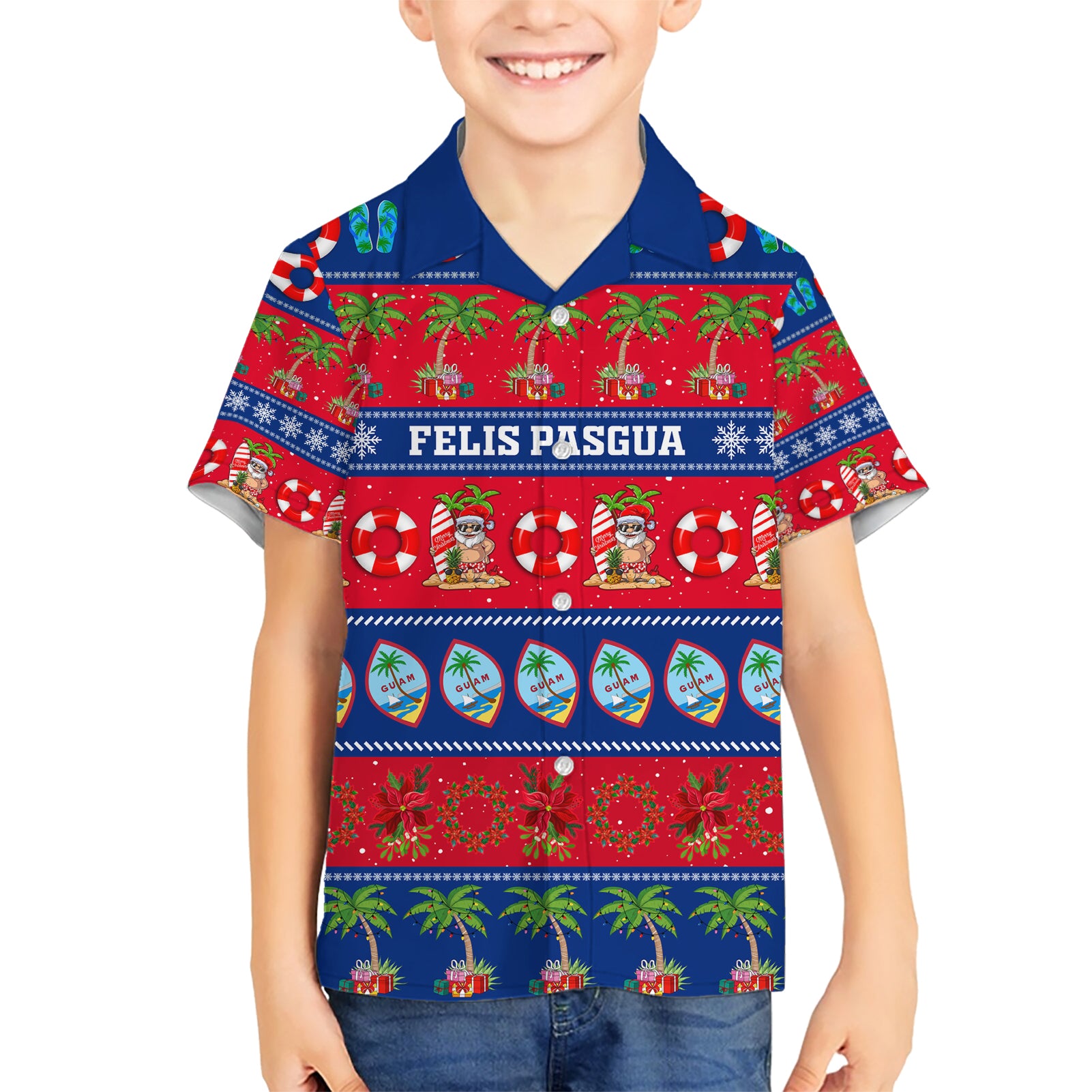 Personalised Guam Christmas Kid Hawaiian Shirt Felis Pasgua - Wonder Print Shop