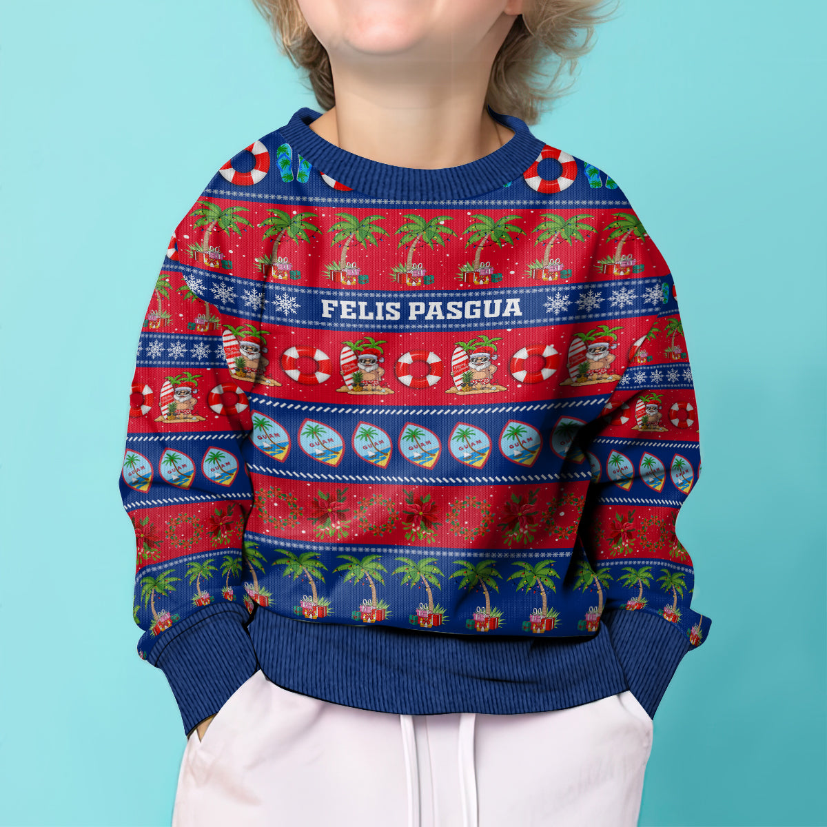 Personalised Guam Christmas Kid Ugly Christmas Sweater Felis Pasgua - Wonder Print Shop