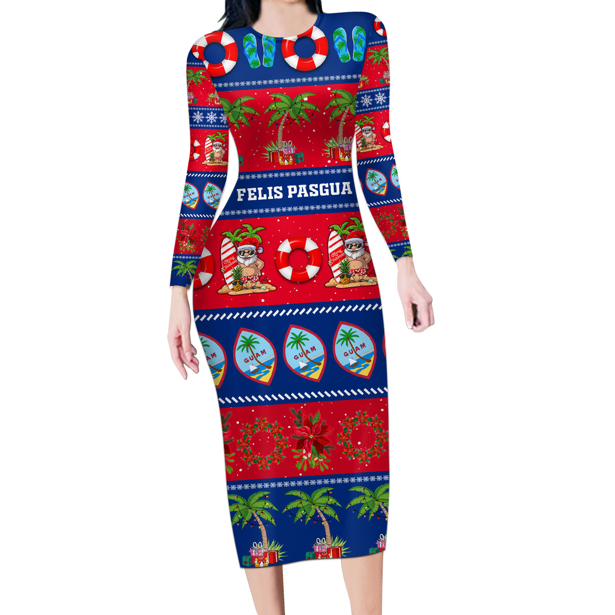 Personalised Guam Christmas Long Sleeve Bodycon Dress Felis Pasgua - Wonder Print Shop