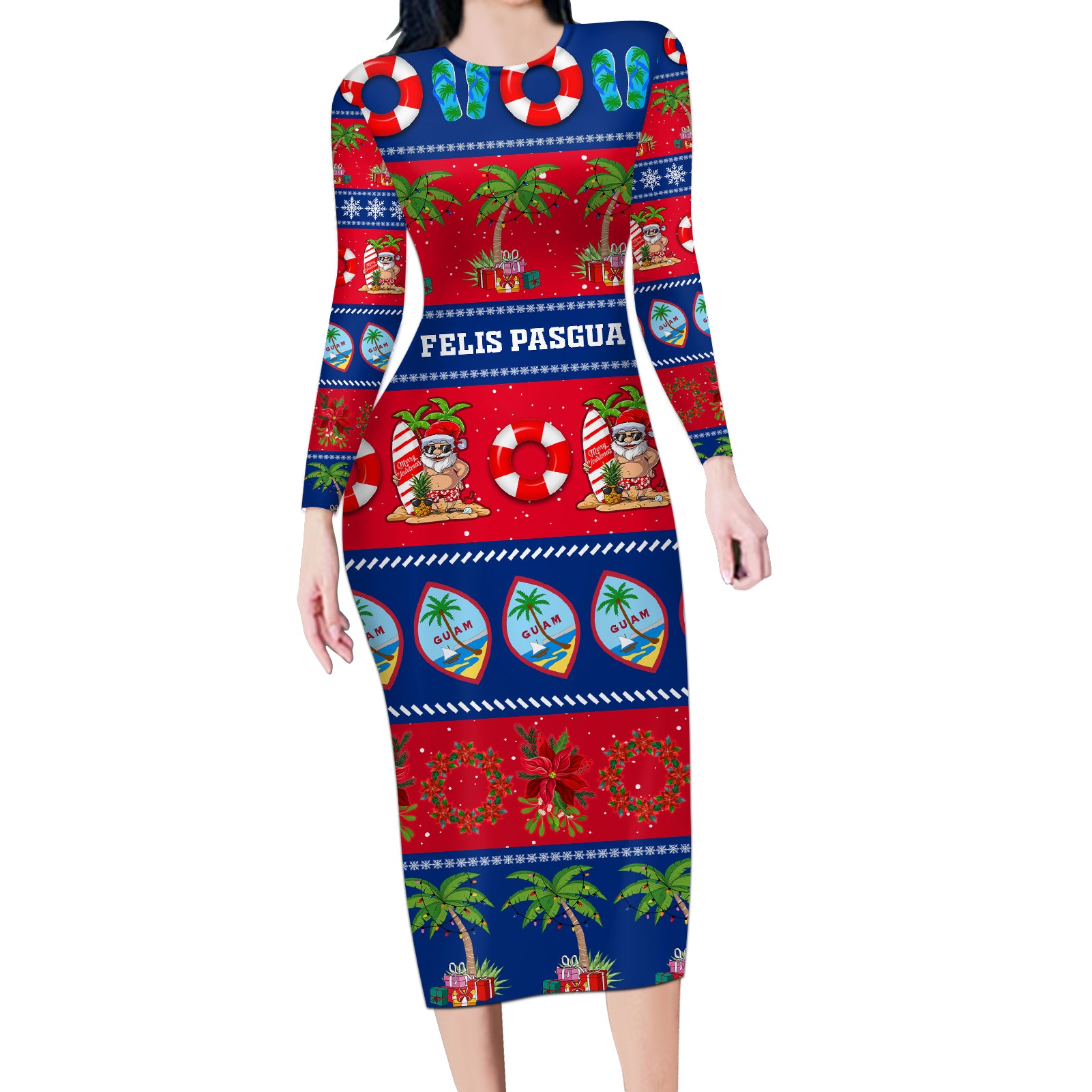 Personalised Guam Christmas Long Sleeve Bodycon Dress Felis Pasgua - Wonder Print Shop