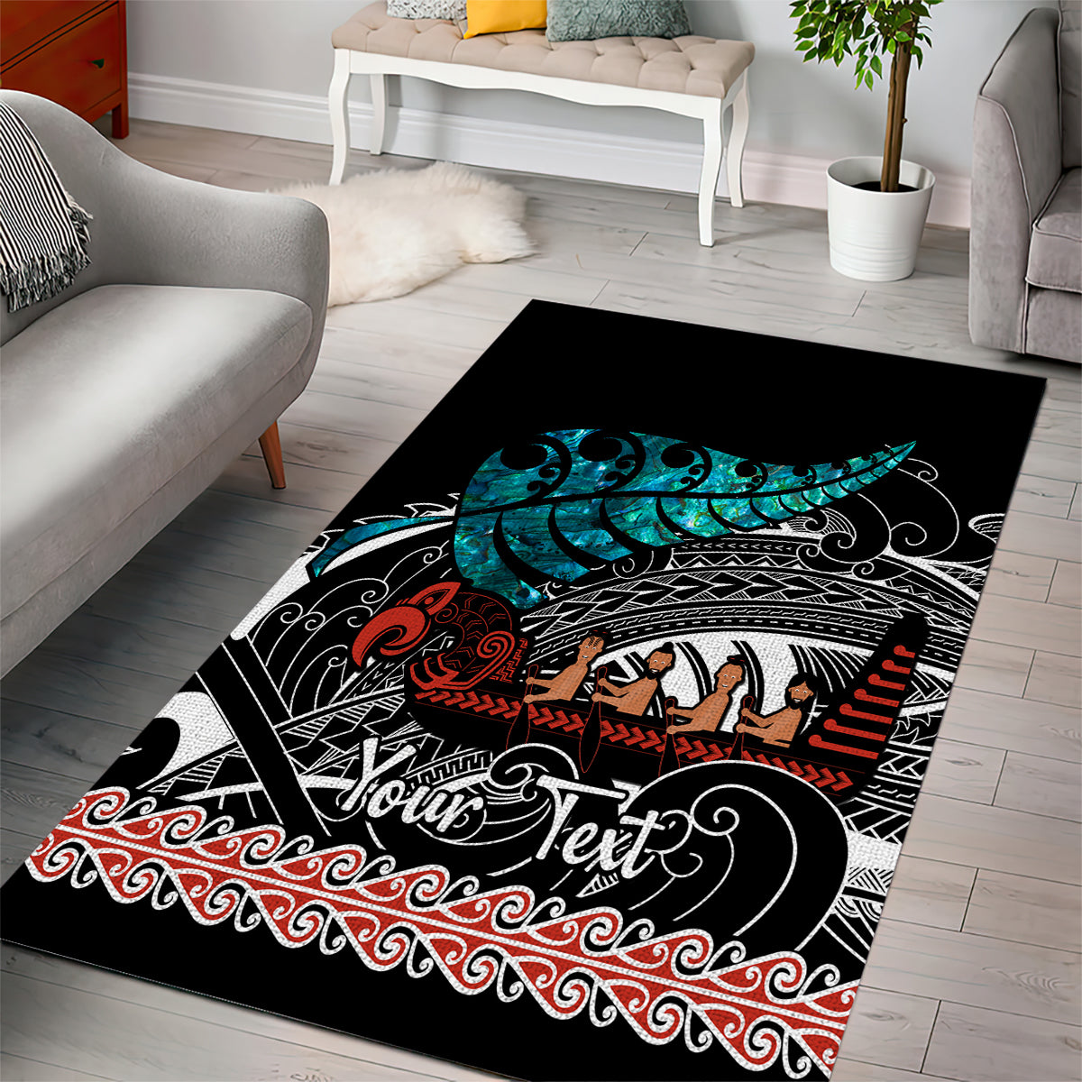 Personalised New Zealand Waka Area Rug Aotearoa Maori Silver Fern Pattern - Wonder Print Shop