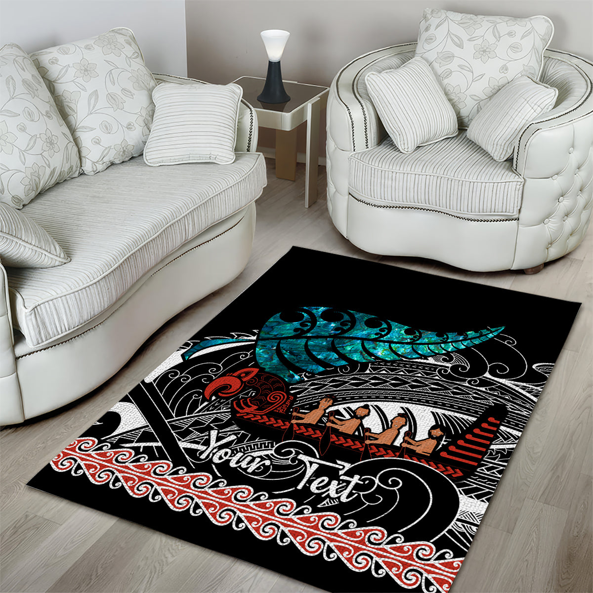 Personalised New Zealand Waka Area Rug Aotearoa Maori Silver Fern Pattern - Wonder Print Shop
