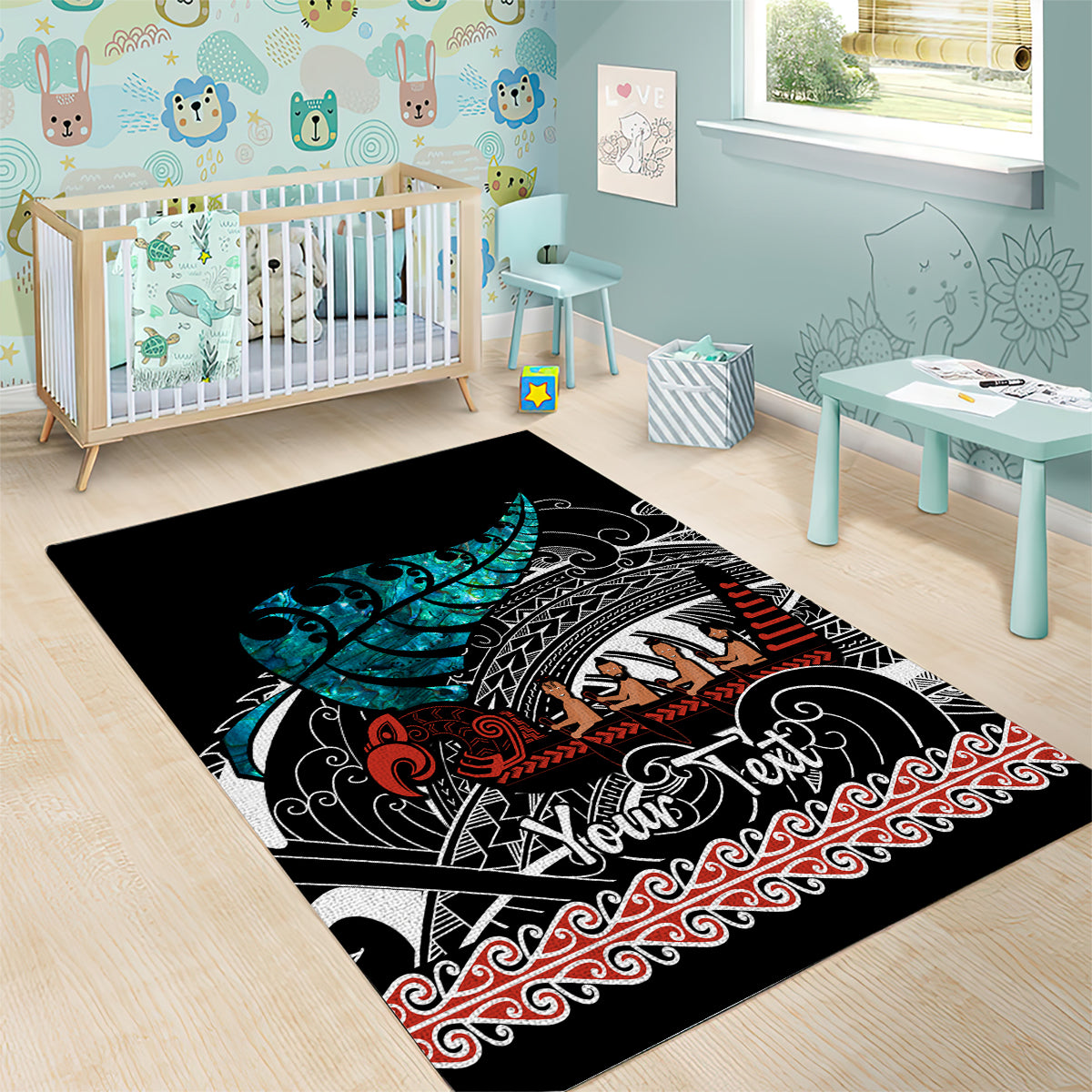 Personalised New Zealand Waka Area Rug Aotearoa Maori Silver Fern Pattern - Wonder Print Shop