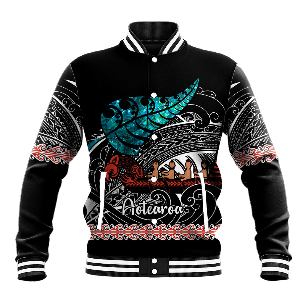 Personalised New Zealand Waka Baseball Jacket Aotearoa Maori Silver Fern Pattern - Wonder Print Shop