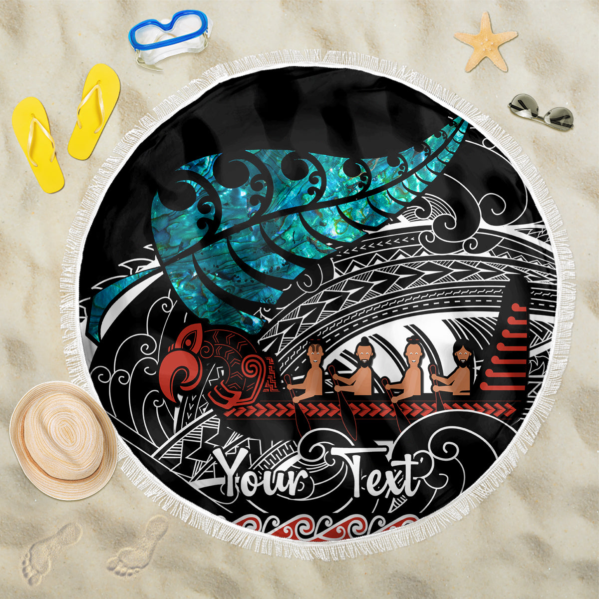 Personalised New Zealand Waka Beach Blanket Aotearoa Maori Silver Fern Pattern - Wonder Print Shop