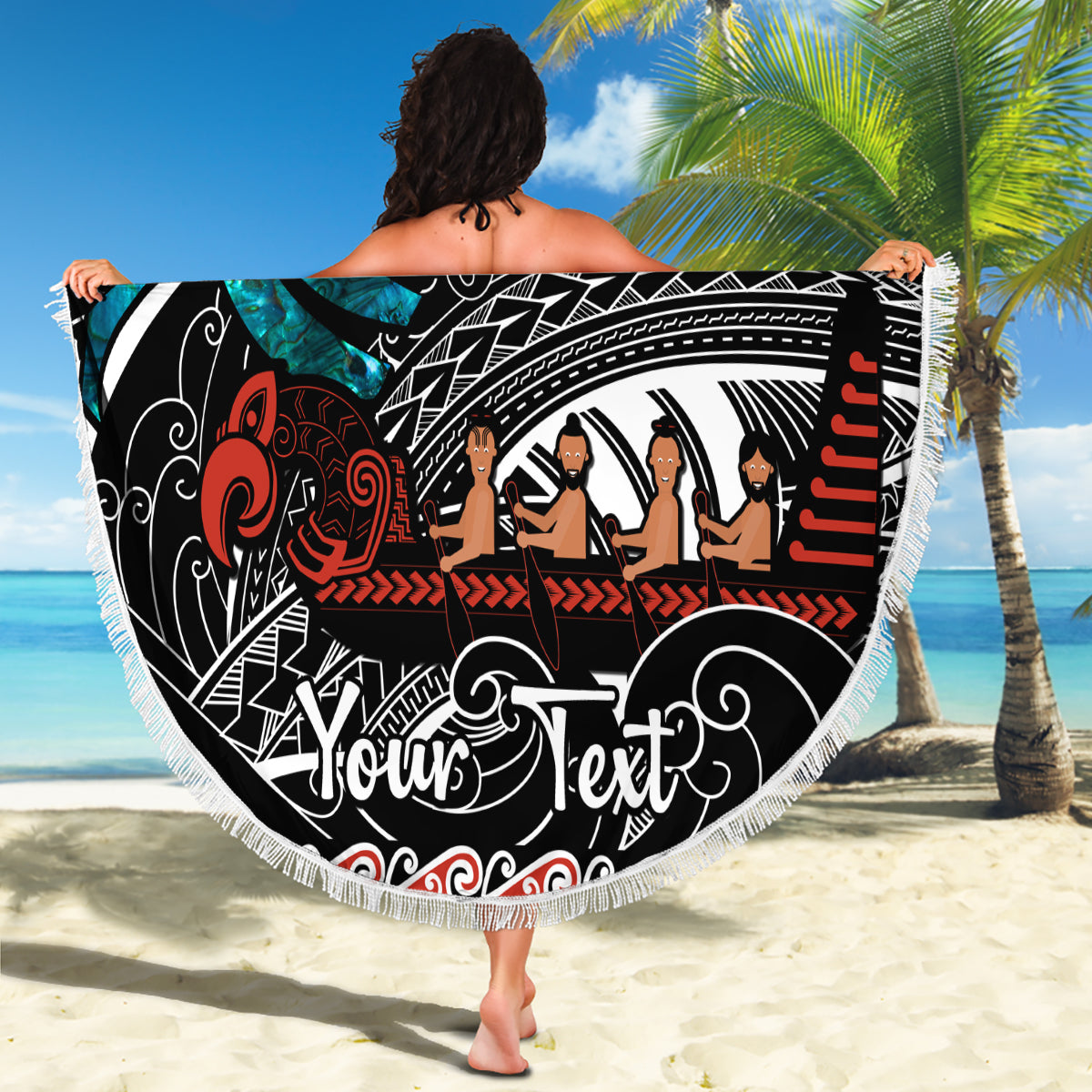 Personalised New Zealand Waka Beach Blanket Aotearoa Maori Silver Fern Pattern - Wonder Print Shop