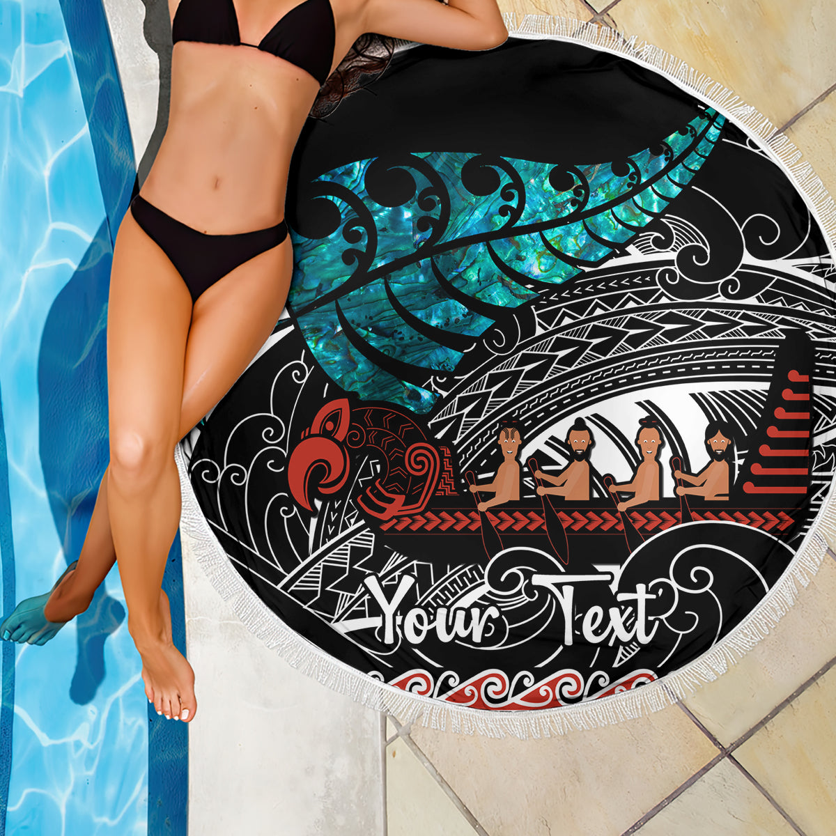 Personalised New Zealand Waka Beach Blanket Aotearoa Maori Silver Fern Pattern - Wonder Print Shop
