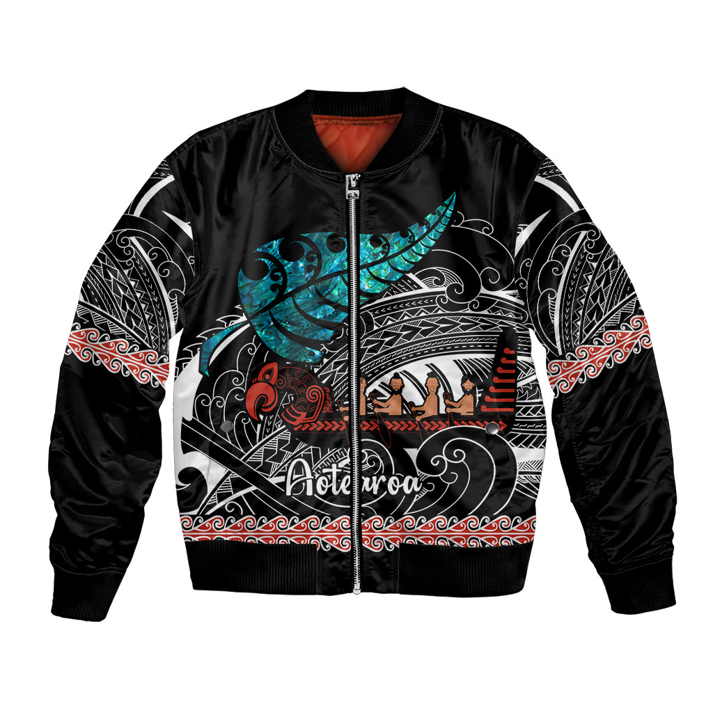 Personalised New Zealand Waka Bomber Jacket Aotearoa Maori Silver Fern Pattern - Wonder Print Shop