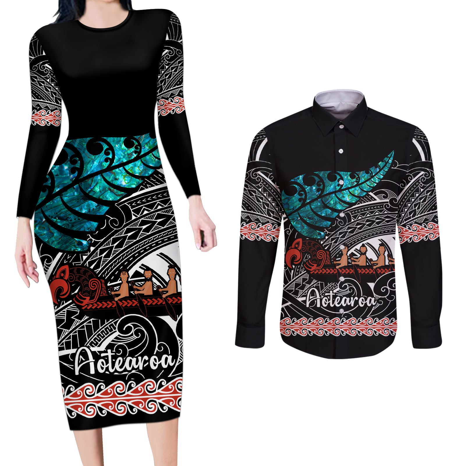 Personalised New Zealand Waka Couples Matching Long Sleeve Bodycon Dress and Long Sleeve Button Shirt Aotearoa Maori Silver Fern Pattern - Wonder Print Shop