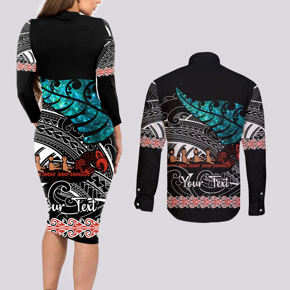 Personalised New Zealand Waka Couples Matching Long Sleeve Bodycon Dress and Long Sleeve Button Shirt Aotearoa Maori Silver Fern Pattern - Wonder Print Shop