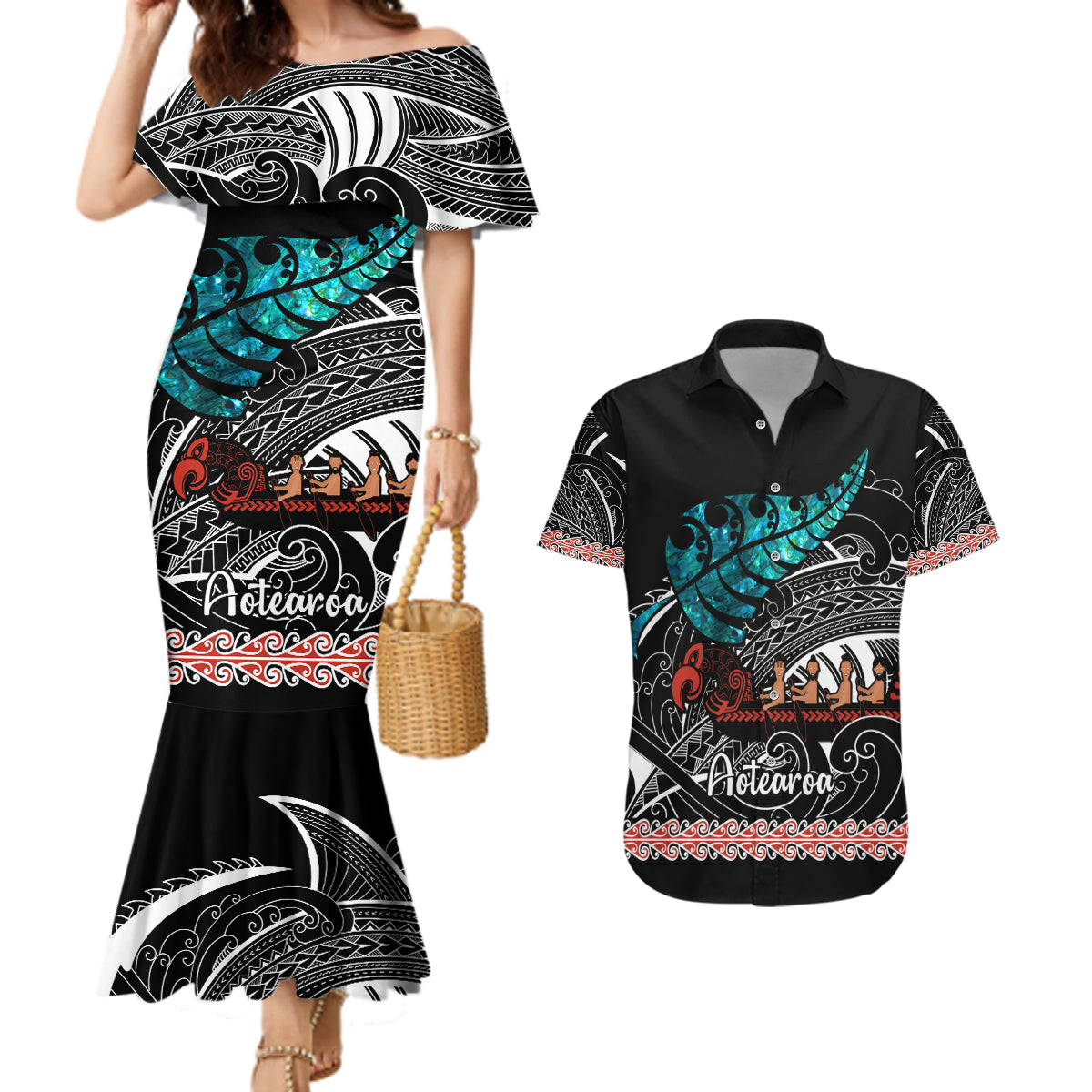 Personalised New Zealand Waka Couples Matching Mermaid Dress and Hawaiian Shirt Aotearoa Maori Silver Fern Pattern - Wonder Print Shop