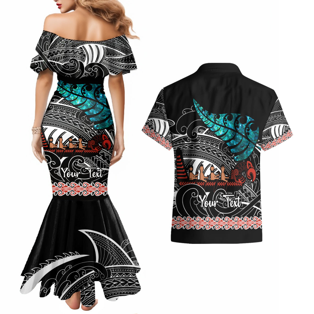 Personalised New Zealand Waka Couples Matching Mermaid Dress and Hawaiian Shirt Aotearoa Maori Silver Fern Pattern - Wonder Print Shop