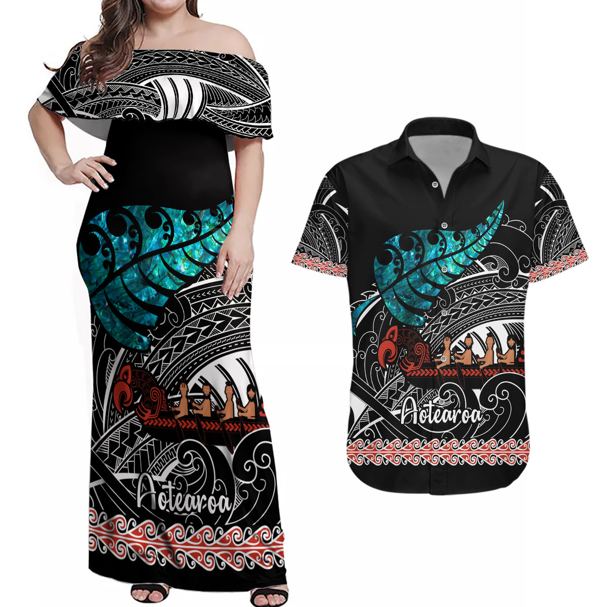Personalised New Zealand Waka Couples Matching Off Shoulder Maxi Dress and Hawaiian Shirt Aotearoa Maori Silver Fern Pattern - Wonder Print Shop