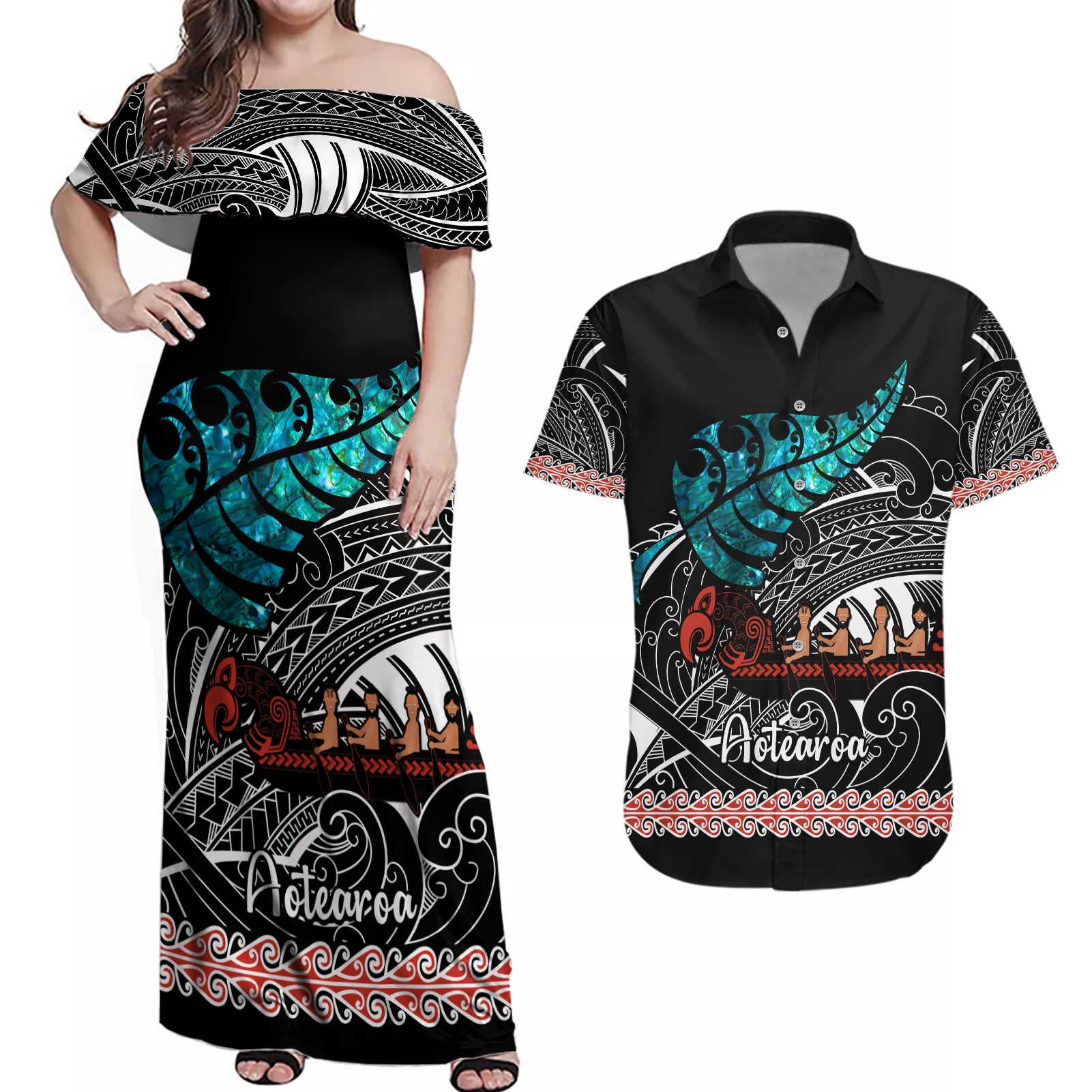 Personalised New Zealand Waka Couples Matching Off Shoulder Maxi Dress and Hawaiian Shirt Aotearoa Maori Silver Fern Pattern - Wonder Print Shop