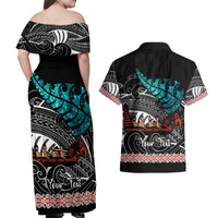 Personalised New Zealand Waka Couples Matching Off Shoulder Maxi Dress and Hawaiian Shirt Aotearoa Maori Silver Fern Pattern - Wonder Print Shop