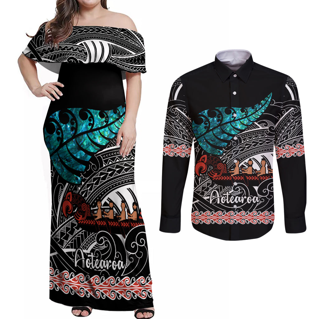 Personalised New Zealand Waka Couples Matching Off Shoulder Maxi Dress and Long Sleeve Button Shirt Aotearoa Maori Silver Fern Pattern - Wonder Print Shop