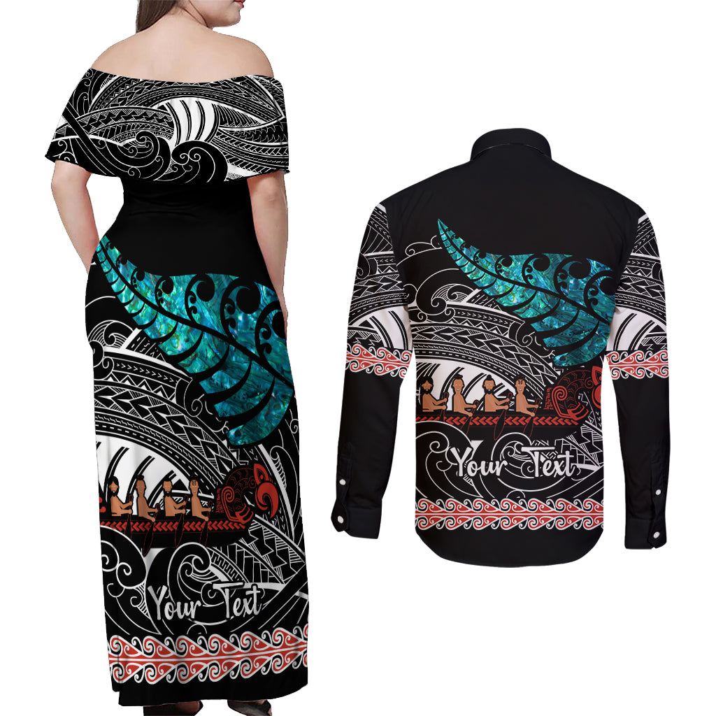 Personalised New Zealand Waka Couples Matching Off Shoulder Maxi Dress and Long Sleeve Button Shirt Aotearoa Maori Silver Fern Pattern - Wonder Print Shop