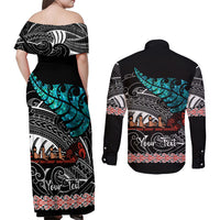Personalised New Zealand Waka Couples Matching Off Shoulder Maxi Dress and Long Sleeve Button Shirt Aotearoa Maori Silver Fern Pattern - Wonder Print Shop
