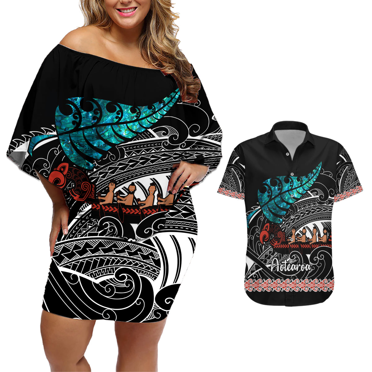 Personalised New Zealand Waka Couples Matching Off Shoulder Short Dress and Hawaiian Shirt Aotearoa Maori Silver Fern Pattern - Wonder Print Shop