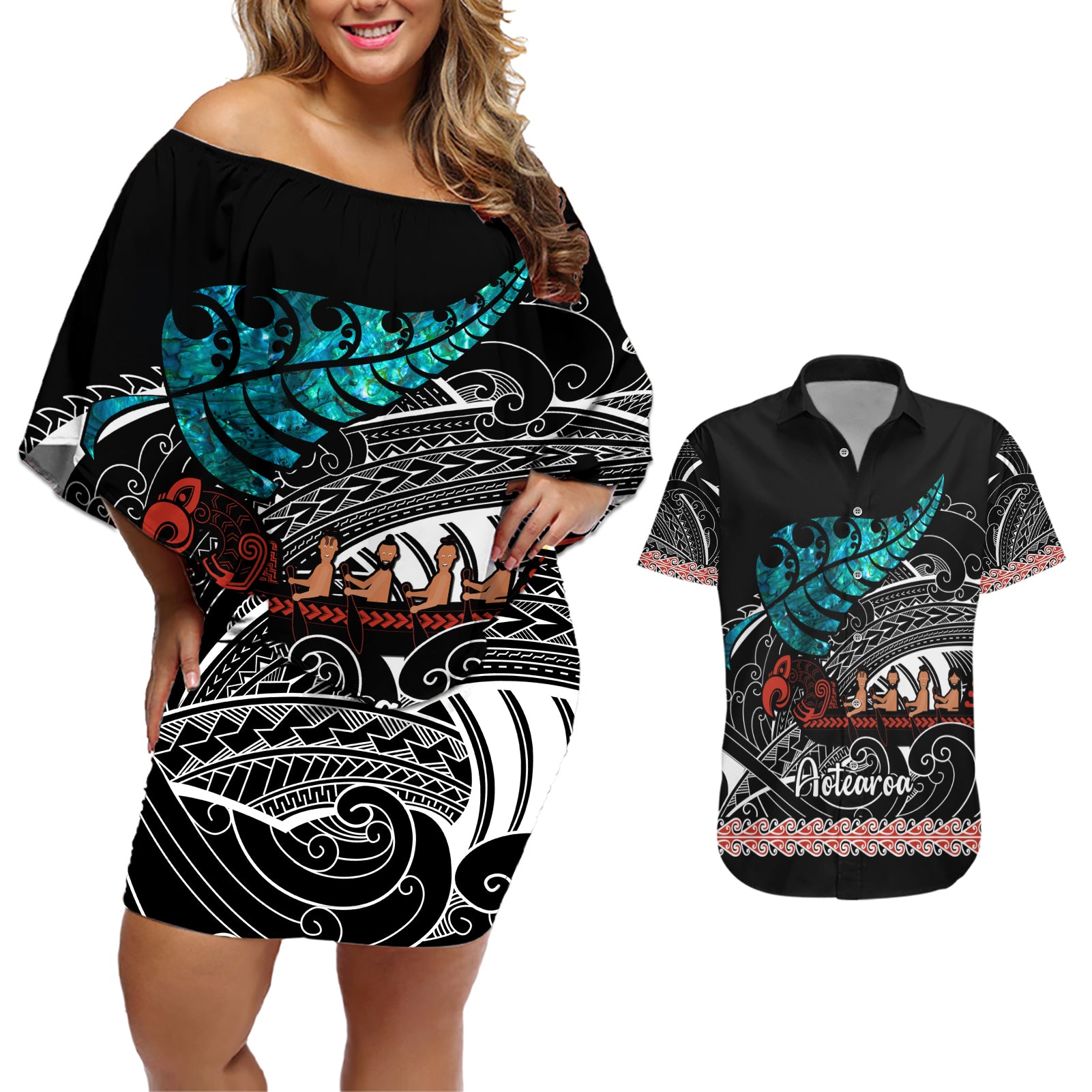 Personalised New Zealand Waka Couples Matching Off Shoulder Short Dress and Hawaiian Shirt Aotearoa Maori Silver Fern Pattern - Wonder Print Shop