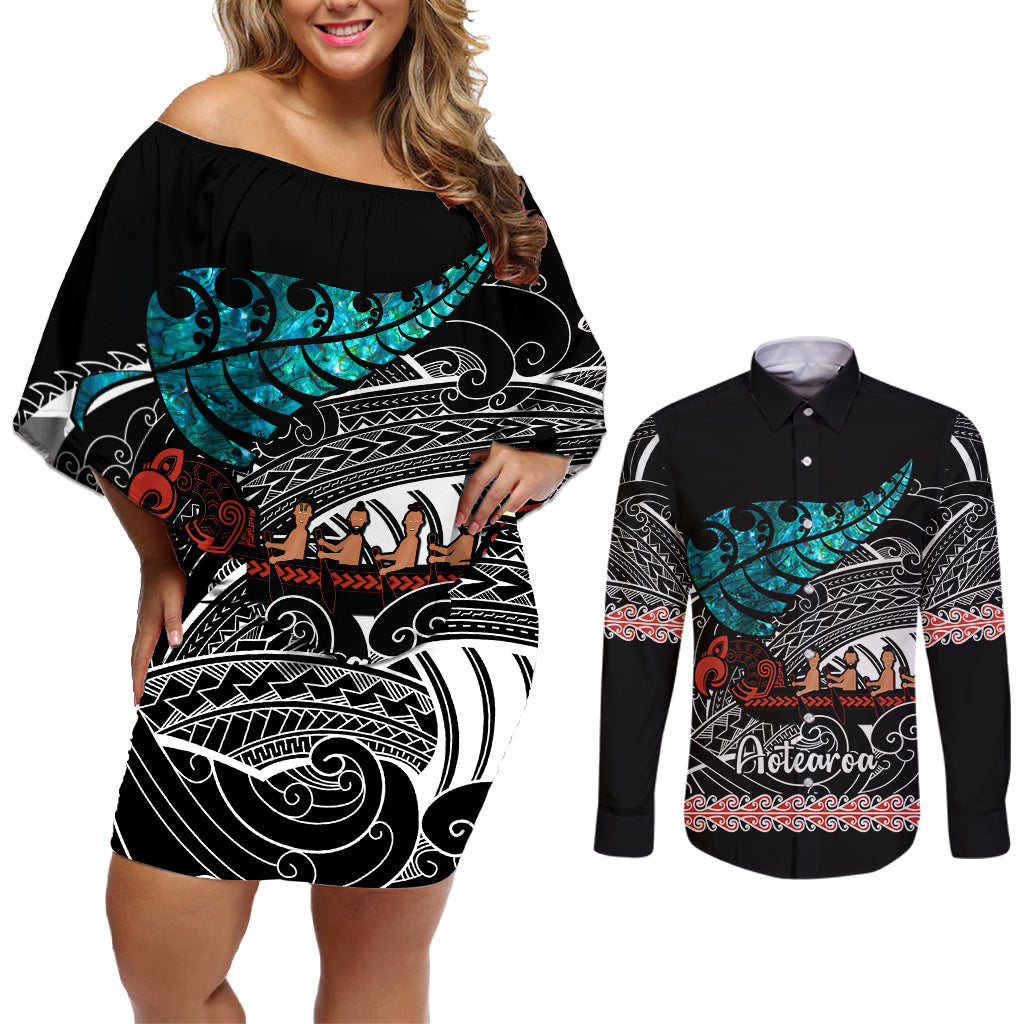 Personalised New Zealand Waka Couples Matching Off Shoulder Short Dress and Long Sleeve Button Shirt Aotearoa Maori Silver Fern Pattern - Wonder Print Shop