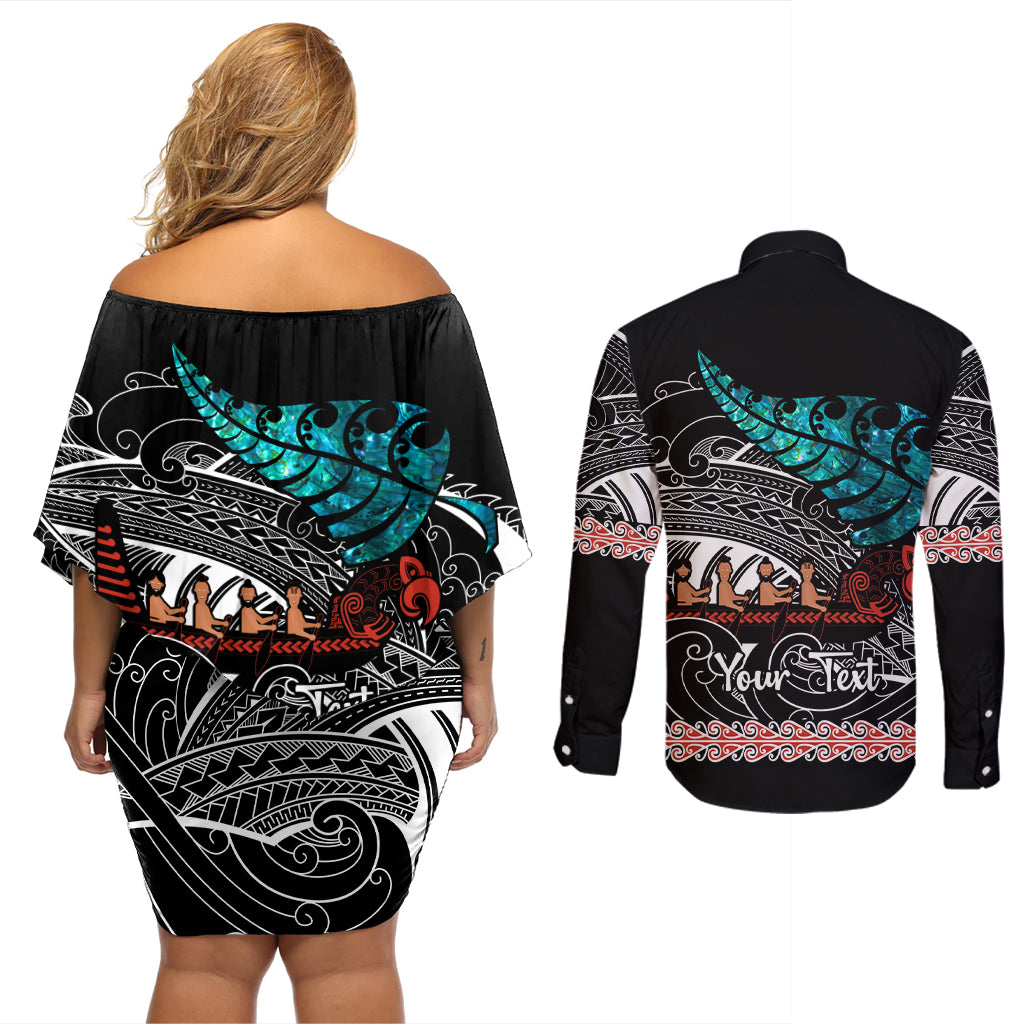 Personalised New Zealand Waka Couples Matching Off Shoulder Short Dress and Long Sleeve Button Shirt Aotearoa Maori Silver Fern Pattern - Wonder Print Shop