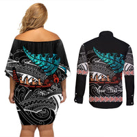 Personalised New Zealand Waka Couples Matching Off Shoulder Short Dress and Long Sleeve Button Shirt Aotearoa Maori Silver Fern Pattern - Wonder Print Shop