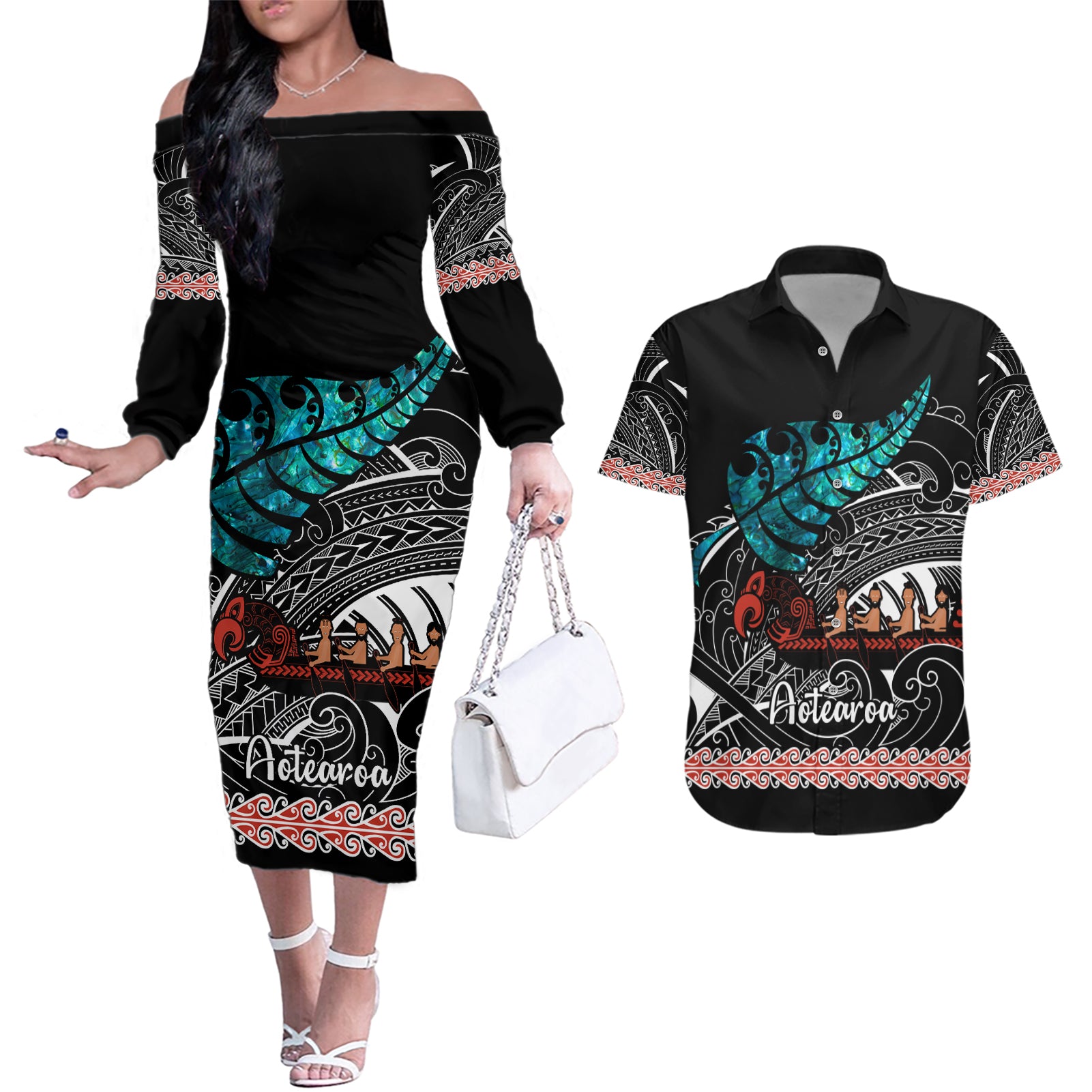 Personalised New Zealand Waka Couples Matching Off The Shoulder Long Sleeve Dress and Hawaiian Shirt Aotearoa Maori Silver Fern Pattern - Wonder Print Shop