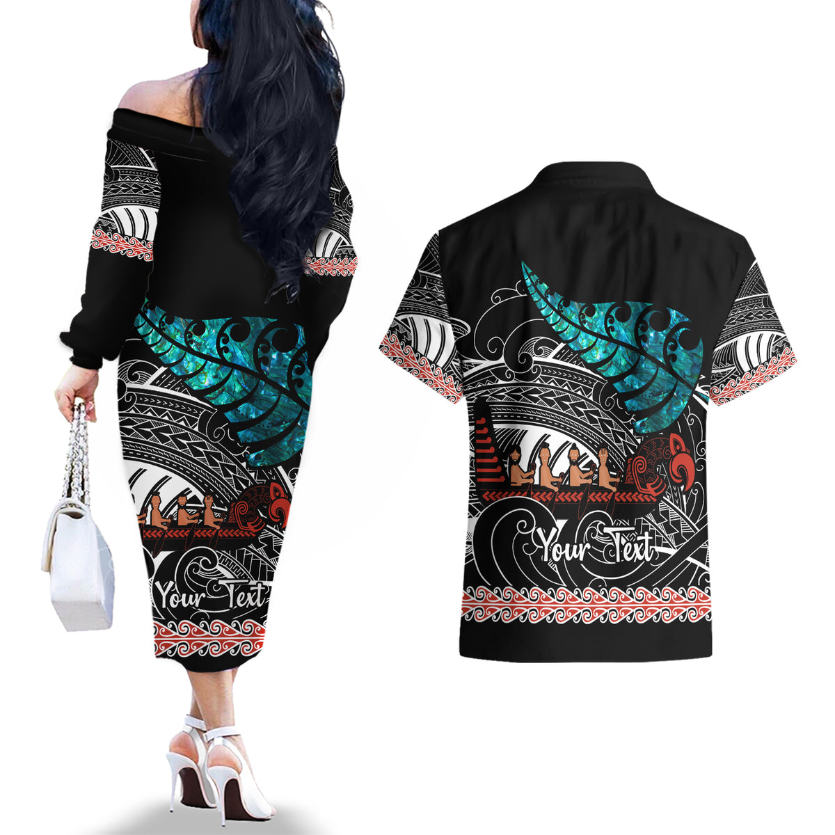 Personalised New Zealand Waka Couples Matching Off The Shoulder Long Sleeve Dress and Hawaiian Shirt Aotearoa Maori Silver Fern Pattern - Wonder Print Shop
