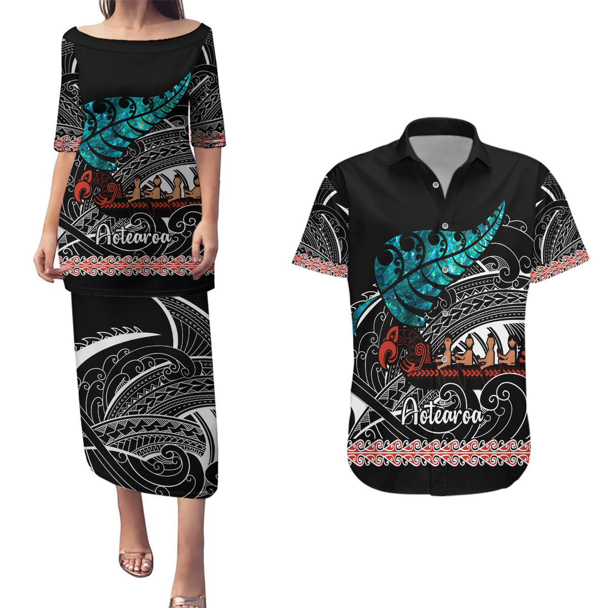 Personalised New Zealand Waka Couples Matching Puletasi Dress and Hawaiian Shirt Aotearoa Maori Silver Fern Pattern - Wonder Print Shop