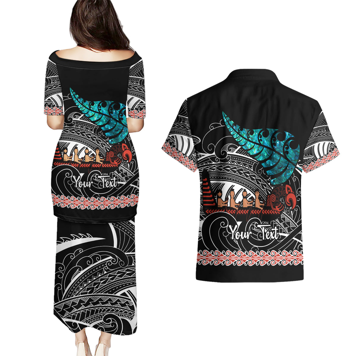 Personalised New Zealand Waka Couples Matching Puletasi Dress and Hawaiian Shirt Aotearoa Maori Silver Fern Pattern - Wonder Print Shop