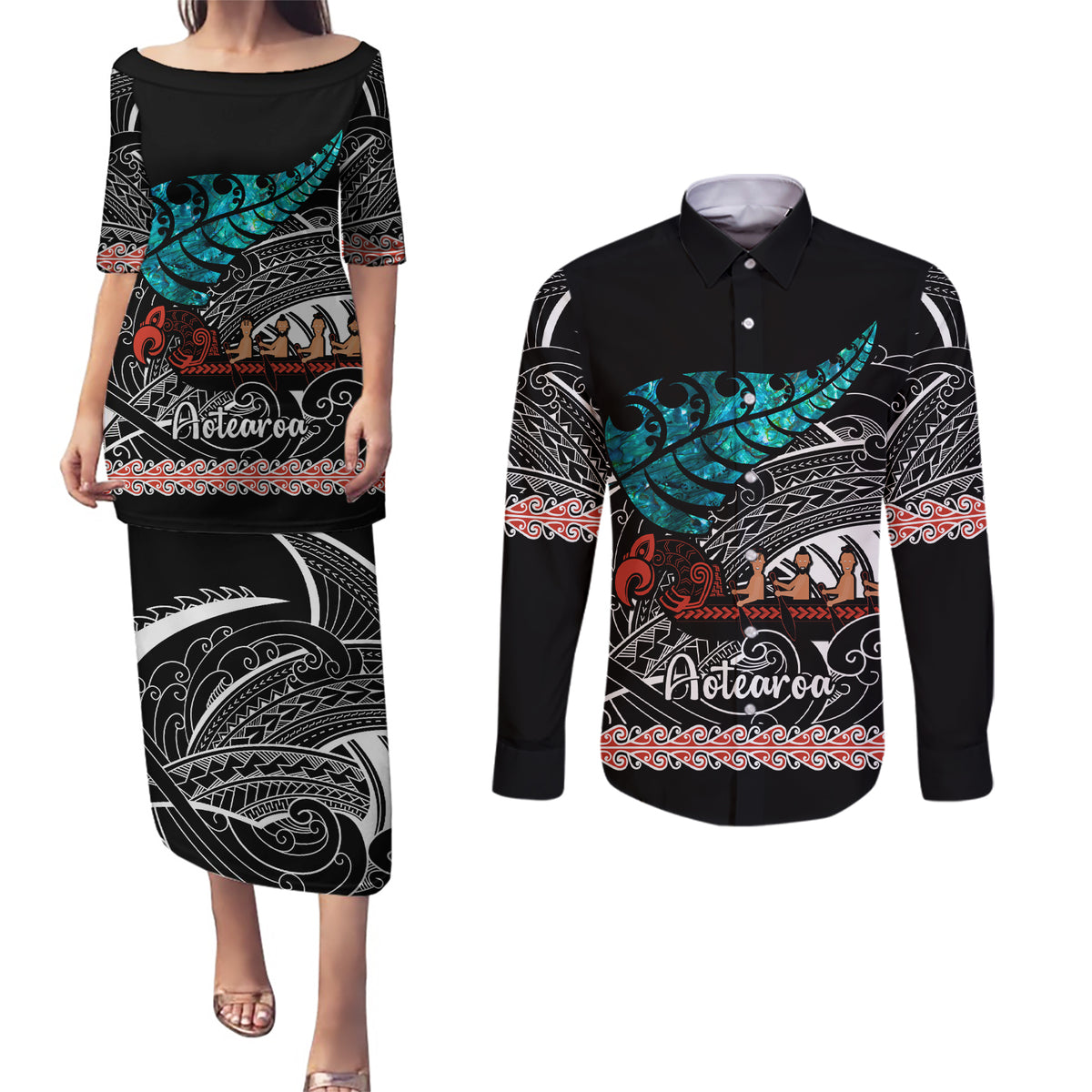 Personalised New Zealand Waka Couples Matching Puletasi Dress and Long Sleeve Button Shirt Aotearoa Maori Silver Fern Pattern - Wonder Print Shop
