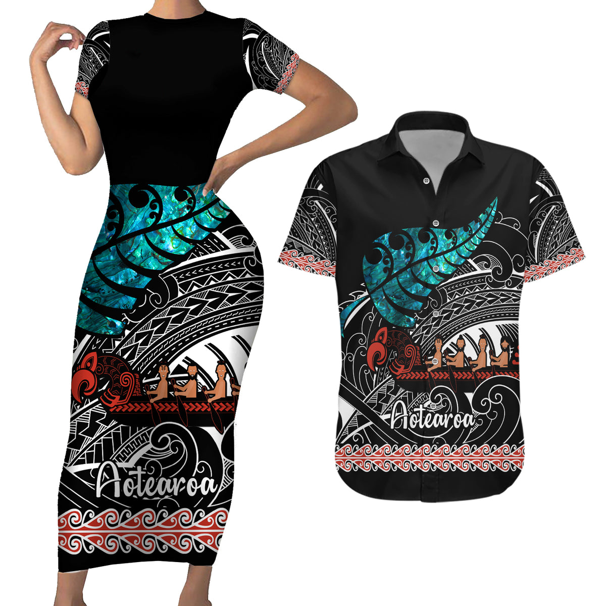 Personalised New Zealand Waka Couples Matching Short Sleeve Bodycon Dress and Hawaiian Shirt Aotearoa Maori Silver Fern Pattern - Wonder Print Shop