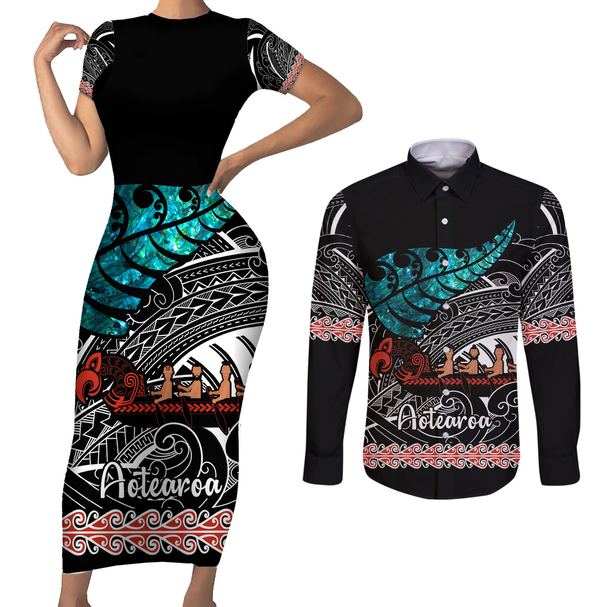 Personalised New Zealand Waka Couples Matching Short Sleeve Bodycon Dress and Long Sleeve Button Shirt Aotearoa Maori Silver Fern Pattern - Wonder Print Shop