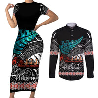 Personalised New Zealand Waka Couples Matching Short Sleeve Bodycon Dress and Long Sleeve Button Shirt Aotearoa Maori Silver Fern Pattern - Wonder Print Shop
