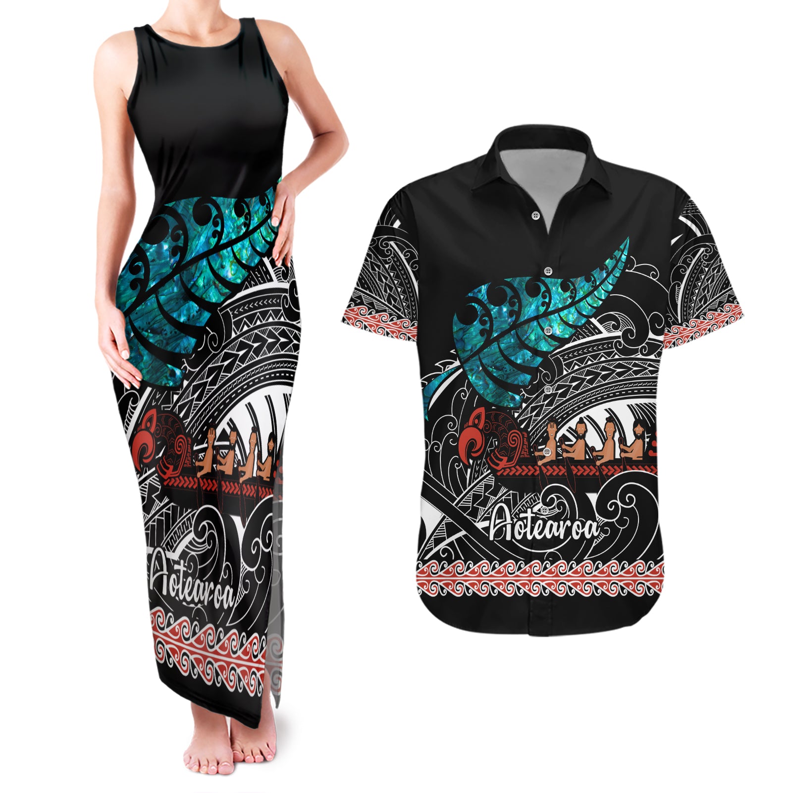 Personalised New Zealand Waka Couples Matching Tank Maxi Dress and Hawaiian Shirt Aotearoa Maori Silver Fern Pattern - Wonder Print Shop
