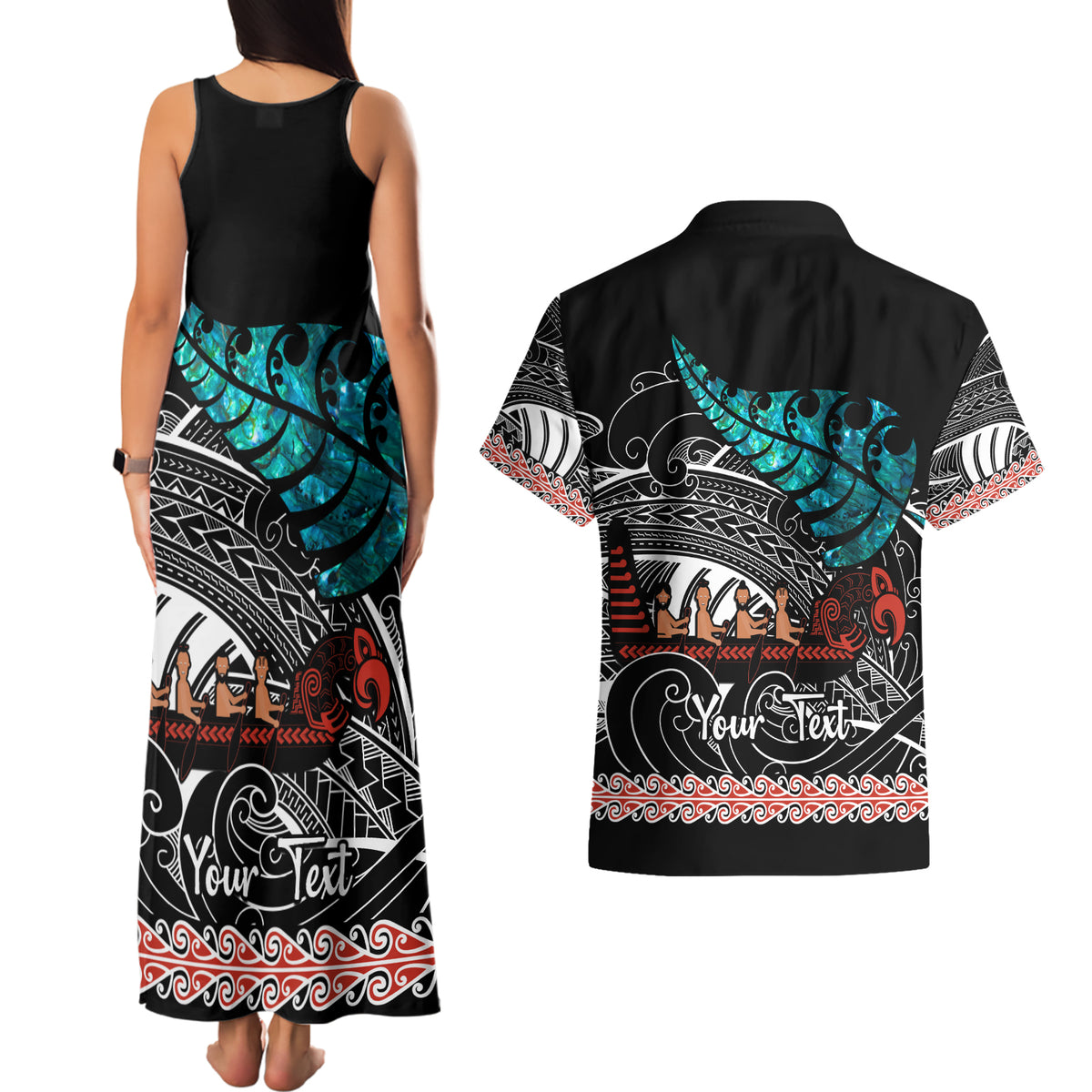 Personalised New Zealand Waka Couples Matching Tank Maxi Dress and Hawaiian Shirt Aotearoa Maori Silver Fern Pattern - Wonder Print Shop