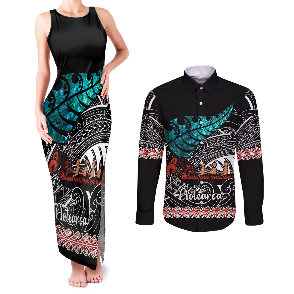 Personalised New Zealand Waka Couples Matching Tank Maxi Dress and Long Sleeve Button Shirt Aotearoa Maori Silver Fern Pattern - Wonder Print Shop