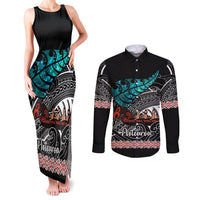 Personalised New Zealand Waka Couples Matching Tank Maxi Dress and Long Sleeve Button Shirt Aotearoa Maori Silver Fern Pattern - Wonder Print Shop
