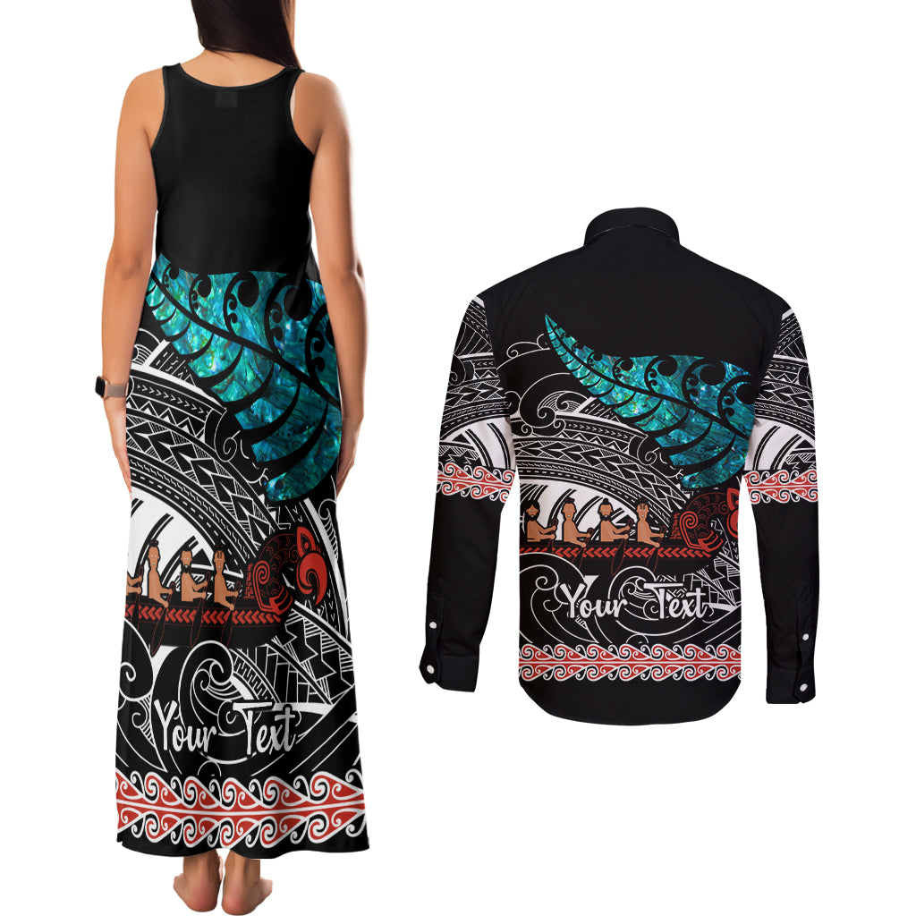 Personalised New Zealand Waka Couples Matching Tank Maxi Dress and Long Sleeve Button Shirt Aotearoa Maori Silver Fern Pattern - Wonder Print Shop