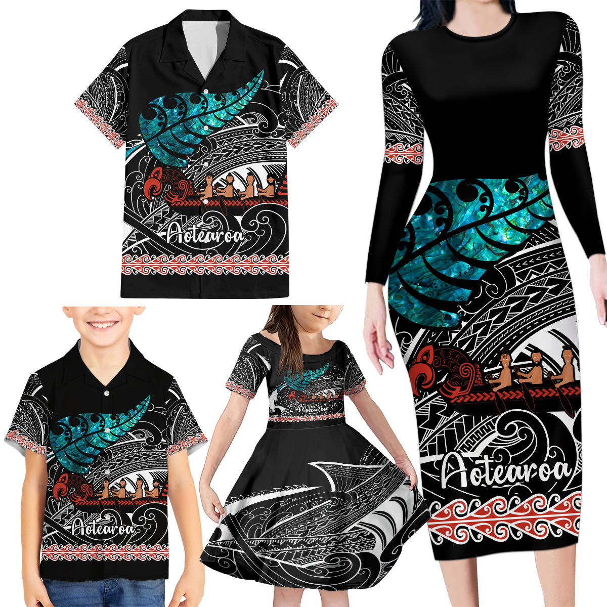 Personalised New Zealand Waka Family Matching Long Sleeve Bodycon Dress and Hawaiian Shirt Aotearoa Maori Silver Fern Pattern - Wonder Print Shop