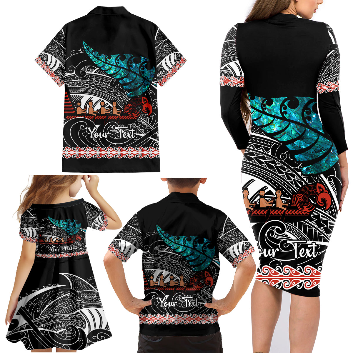 Personalised New Zealand Waka Family Matching Long Sleeve Bodycon Dress and Hawaiian Shirt Aotearoa Maori Silver Fern Pattern - Wonder Print Shop