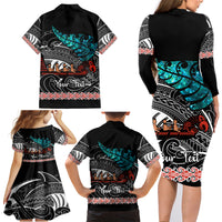 Personalised New Zealand Waka Family Matching Long Sleeve Bodycon Dress and Hawaiian Shirt Aotearoa Maori Silver Fern Pattern - Wonder Print Shop
