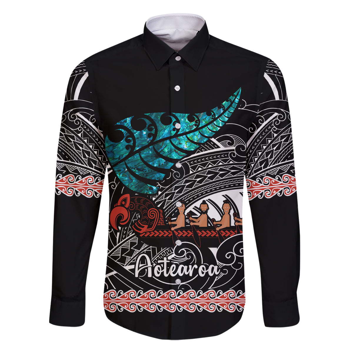 Personalised New Zealand Waka Family Matching Long Sleeve Bodycon Dress and Hawaiian Shirt Aotearoa Maori Silver Fern Pattern - Wonder Print Shop