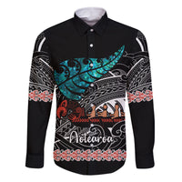 Personalised New Zealand Waka Family Matching Long Sleeve Bodycon Dress and Hawaiian Shirt Aotearoa Maori Silver Fern Pattern - Wonder Print Shop